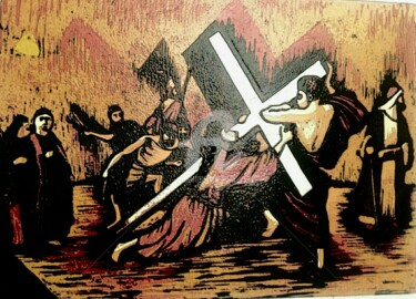 Printmaking titled "GOLGOTHA" by Guy Appolinaire Kassi, Original Artwork, Xylography