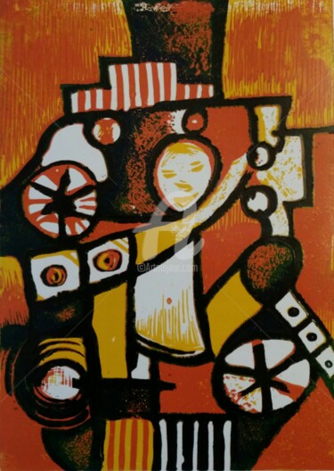 Printmaking titled "JEU D'ENFANTS" by Guy Appolinaire Kassi, Original Artwork, Xylography