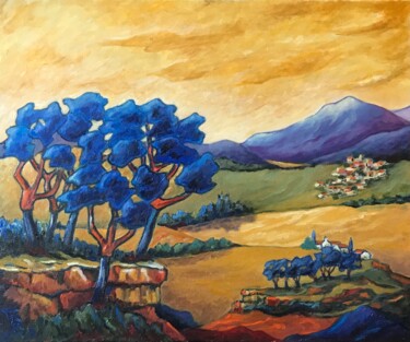 Painting titled "chênes lièges vers…" by Guy Raimon Cuisinier, Original Artwork, Oil