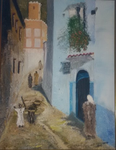 Painting titled "Ruelle de Chefchaou…" by Guy Romedenne, Original Artwork, Oil Mounted on Wood Stretcher frame