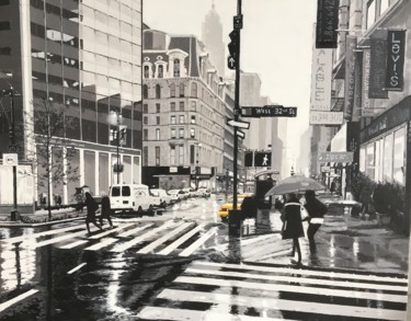 Malerei mit dem Titel "Avenue sous la pluie" von Guy Sopkowiz, Original-Kunstwerk, Öl