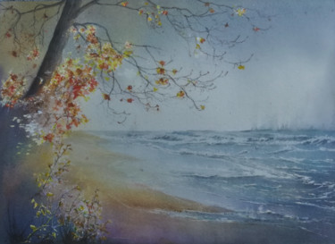 Peinture intitulée "tempête sur le lac" par Guylaine, Œuvre d'art originale, Aquarelle