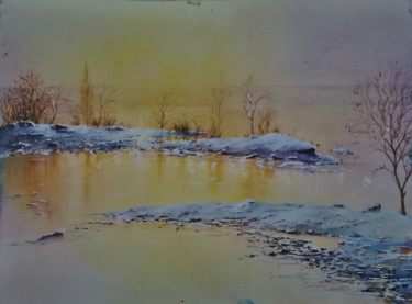 Peinture intitulée "Neige sur le lac" par Guylaine, Œuvre d'art originale, Aquarelle