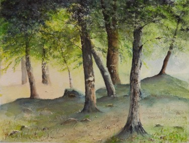 Painting titled "Sous les Arbres" by Guylaine, Original Artwork, Watercolor Mounted on Wood Stretcher frame