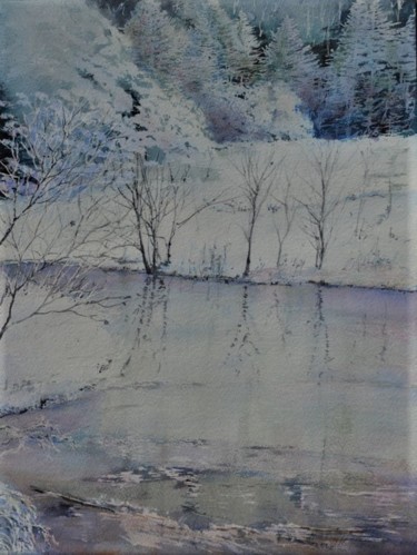 Painting titled "Campagne hivernale" by Guylaine, Original Artwork, Watercolor