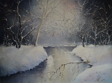 Painting titled "Neige crépusculaire" by Guylaine, Original Artwork, Watercolor