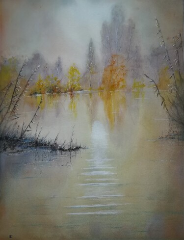 Painting titled "Reflets d'Automne" by Guylaine, Original Artwork, Watercolor Mounted on Other rigid panel