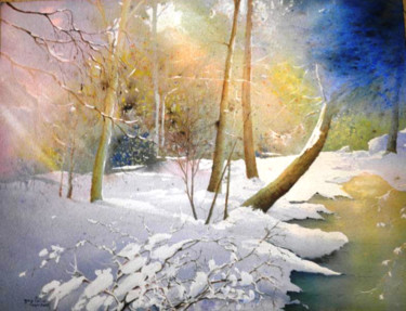 Peinture intitulée "sous-bois enneigé 2" par Guylaine, Œuvre d'art originale, Aquarelle