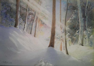 Painting titled "sous-bois enneigé5" by Guylaine, Original Artwork, Watercolor