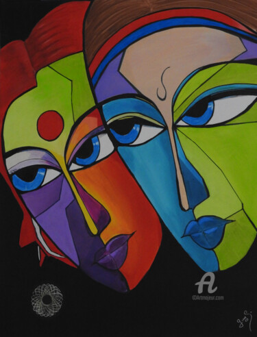 Painting titled "DUO INDIEN - Toile…" by Guylaine Bisson (GuyL'ART), Original Artwork, Acrylic Mounted on Wood Stretcher fra…