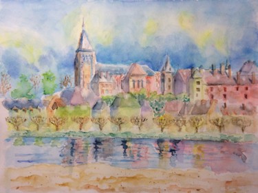 Painting titled "Château et ville de…" by Guyle Rayne, Original Artwork, Watercolor