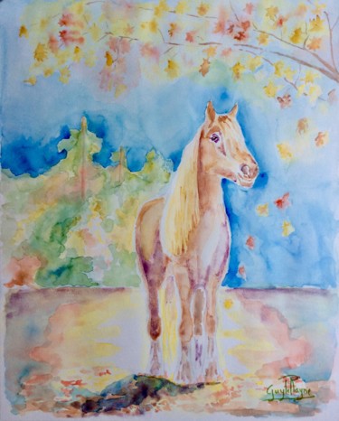 Painting titled "Cheval en automne" by Guyle Rayne, Original Artwork, Watercolor