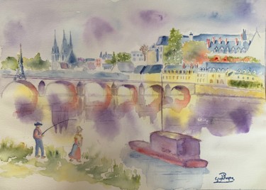 Schilderij getiteld "BLOIS et son pont J…" door Guyle Rayne, Origineel Kunstwerk, Aquarel