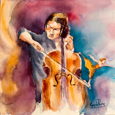 Ζωγραφική με τίτλο "Le violoncelliste e…" από Guyle Rayne, Αυθεντικά έργα τέχνης, Ακουαρέλα