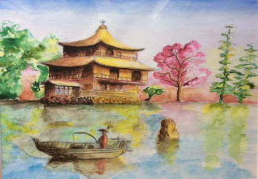 Painting titled "Temple japonais" by Guyle Rayne, Original Artwork, Watercolor