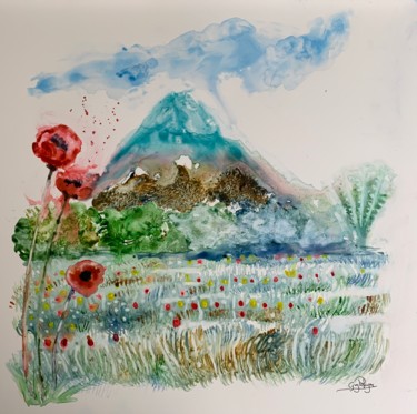 Painting titled "Que la montagne est…" by Guyle Rayne, Original Artwork, Watercolor Mounted on Other rigid panel