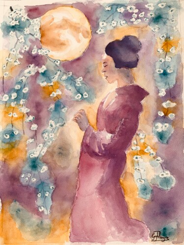 Malerei mit dem Titel "Geisha, fleur du Sa…" von Guyle Rayne, Original-Kunstwerk, Aquarell