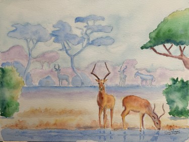 Painting titled "L’impala gazelle" by Guyle Rayne, Original Artwork, Watercolor
