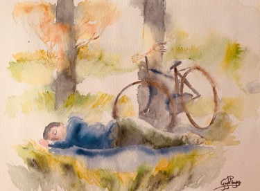 Peinture intitulée "Sieste en forêt" par Guyle Rayne, Œuvre d'art originale, Aquarelle