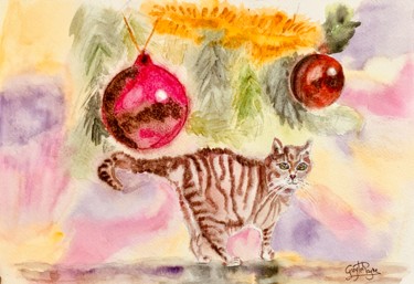 Painting titled "Mon beau chat pin" by Guyle Rayne, Original Artwork, Watercolor