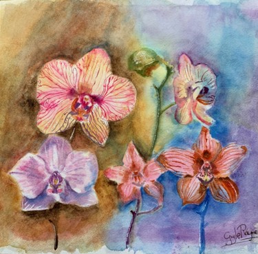 Painting titled "Orchidées" by Guyle Rayne, Original Artwork, Watercolor