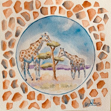 Painting titled "Girafes gourmandes" by Guyle Rayne, Original Artwork, Watercolor