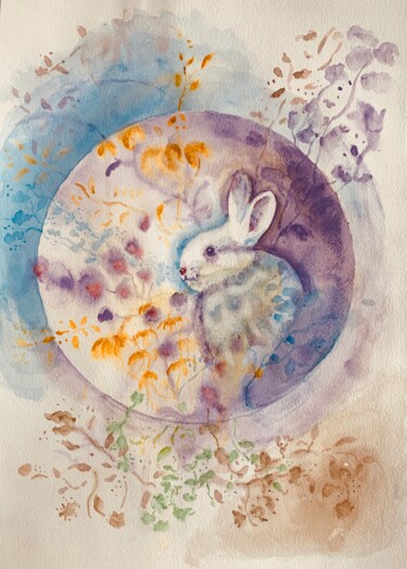 Painting titled "Pierre Lapin" by Guyle Rayne, Original Artwork, Watercolor