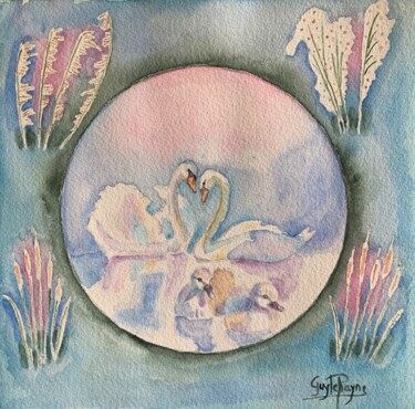 Painting titled "Famille cygne" by Guyle Rayne, Original Artwork, Watercolor