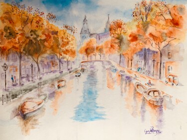 Painting titled "Canal d’Amsterdam" by Guyle Rayne, Original Artwork, Watercolor