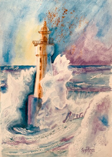 Painting titled "Le phare de la Jume…" by Guyle Rayne, Original Artwork, Watercolor