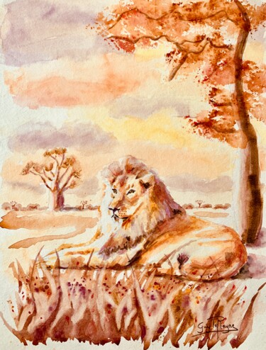 Painting titled "Lion dans la Savane" by Guyle Rayne, Original Artwork, Watercolor