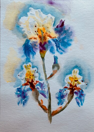 Malerei mit dem Titel "Iris bleus comme te…" von Guyle Rayne, Original-Kunstwerk, Aquarell