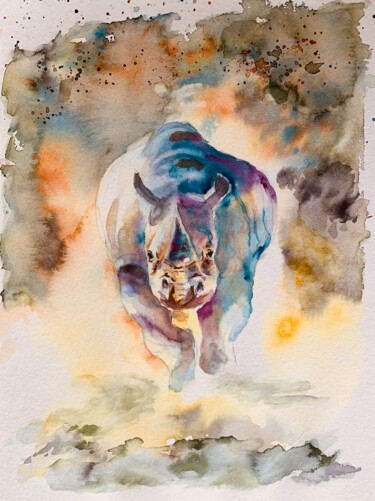 Painting titled "Charge du rhinocéros" by Guyle Rayne, Original Artwork, Watercolor