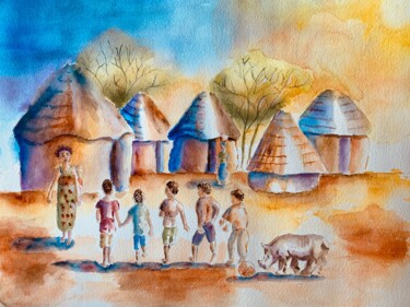 Pittura intitolato "Village africain en…" da Guyle Rayne, Opera d'arte originale, Acquarello
