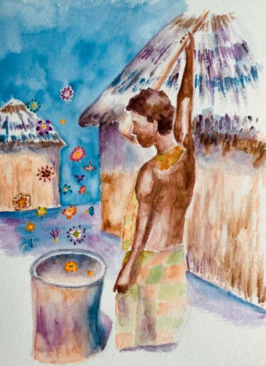 Peinture intitulée "Lingala, le sorcier…" par Guyle Rayne, Œuvre d'art originale, Aquarelle