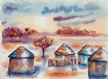 Картина под названием "Village africain le…" - Guyle Rayne, Подлинное произведение искусства, Акварель