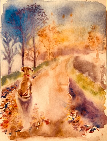 Painting titled "Au bout du chemin" by Guyle Rayne, Original Artwork, Watercolor