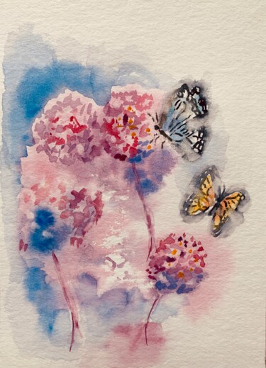 Peinture intitulée "Papillons et fleurs…" par Guyle Rayne, Œuvre d'art originale, Aquarelle