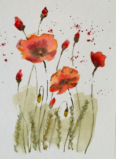 Painting titled "Coquelicots dans ch…" by Guyle Rayne, Original Artwork, Watercolor