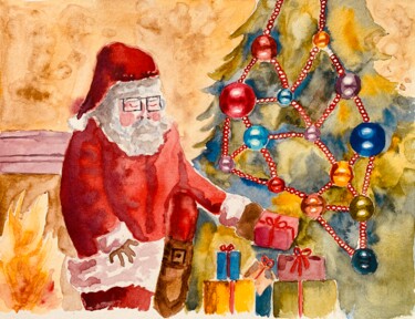 Ζωγραφική με τίτλο "Père Noël au pied d…" από Guyle Rayne, Αυθεντικά έργα τέχνης, Ακουαρέλα