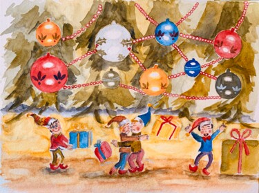 Painting titled "Les lutins aident l…" by Guyle Rayne, Original Artwork, Watercolor