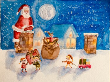 Pintura titulada "Le Père Noël descen…" por Guyle Rayne, Obra de arte original, Acuarela