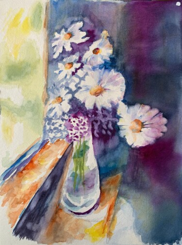Painting titled "Marguerites prenant…" by Guyle Rayne, Original Artwork, Watercolor