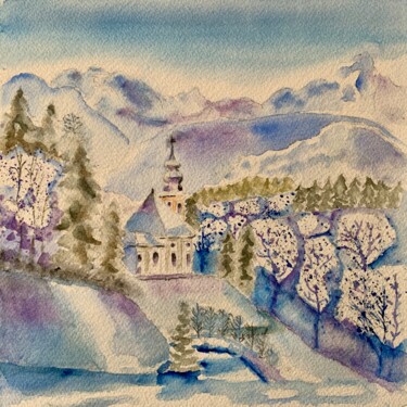 Painting titled "Paysage de neige en…" by Guyle Rayne, Original Artwork, Watercolor