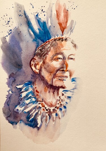 Painting titled "Shaman d’Amazonie" by Guyle Rayne, Original Artwork, Watercolor