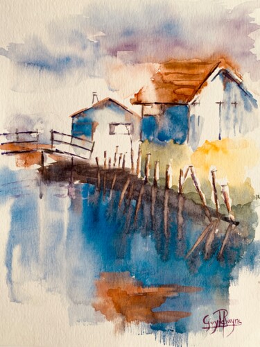 Painting titled "Cabanes oestréicole…" by Guyle Rayne, Original Artwork, Watercolor