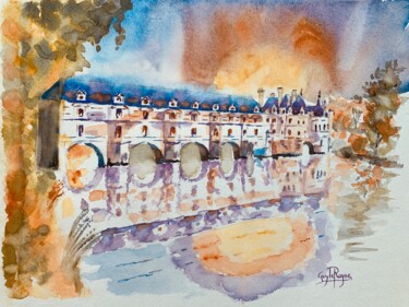 Painting titled "Le château pont Che…" by Guyle Rayne, Original Artwork, Watercolor