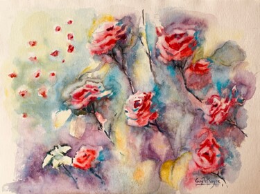 Painting titled "Rosa, rose, rosum" by Guyle Rayne, Original Artwork, Watercolor