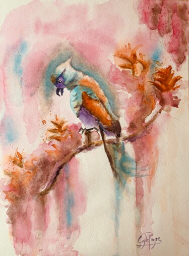 Malerei mit dem Titel "Oiseau chanteur" von Guyle Rayne, Original-Kunstwerk, Aquarell