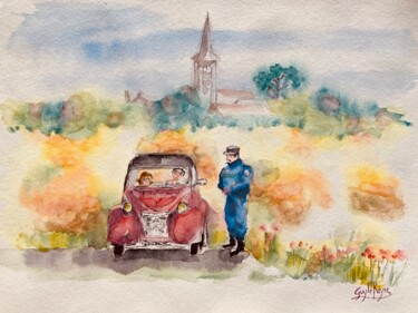 Peinture intitulée "Une 2 cv dans la ca…" par Guyle Rayne, Œuvre d'art originale, Aquarelle